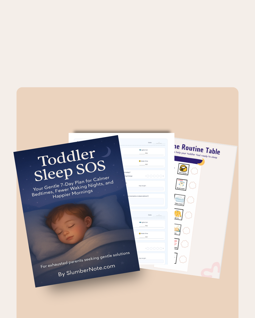 Mockup of the SlumberNote Toddler Sleep SOS Kit including the eBook, Log, and Cards